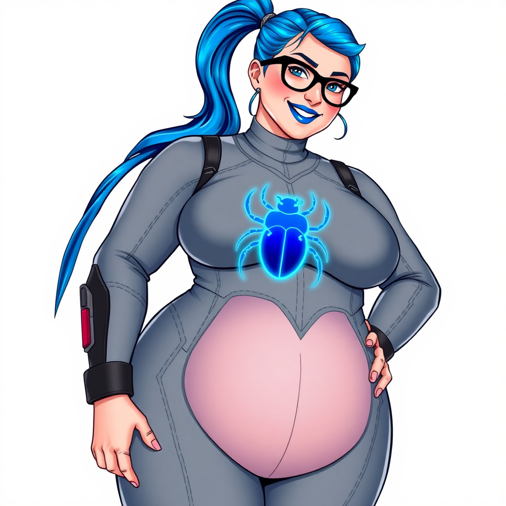 A 28-year-old computer science major embracing her new life as her cyberpunk vigilante boyfriend's nerdy, full figured, metallic middle gray skinned computer program hybrid girlfriend and digital sidekick with a long, maximum blue ponytail. She wears maximum blue lipstick and has bright blue eyes. Her outfit includes a digital, computerized, middle gray bodysuit (accentuating her gargantuan midsection) featuring a neon blue glowing beetle chest icon. She sports black eyeglasses, with a beaming smile and neon red blush. Her full figure reflects the doting care of her vigilante boyfriend. She uses her power to hack into computers and machines to serve as her hero's minicomputer operating out of his hi-tech wristwatch and supercar's supercomputer. The background is solid white. She has a prominent, round, gargantuan midsection. Her midsection is bloated to emphasize her physique. Her middle gray metallic skin shows her digital nature. She is drawn as if she was in a retro 2D cyberpunk fighting game.