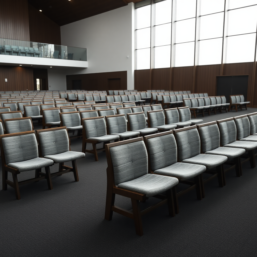 Give me grey fabric benches with a dark wooden frame that are inside a big modern church. The carpet of this church is dark grey. glass pulpit