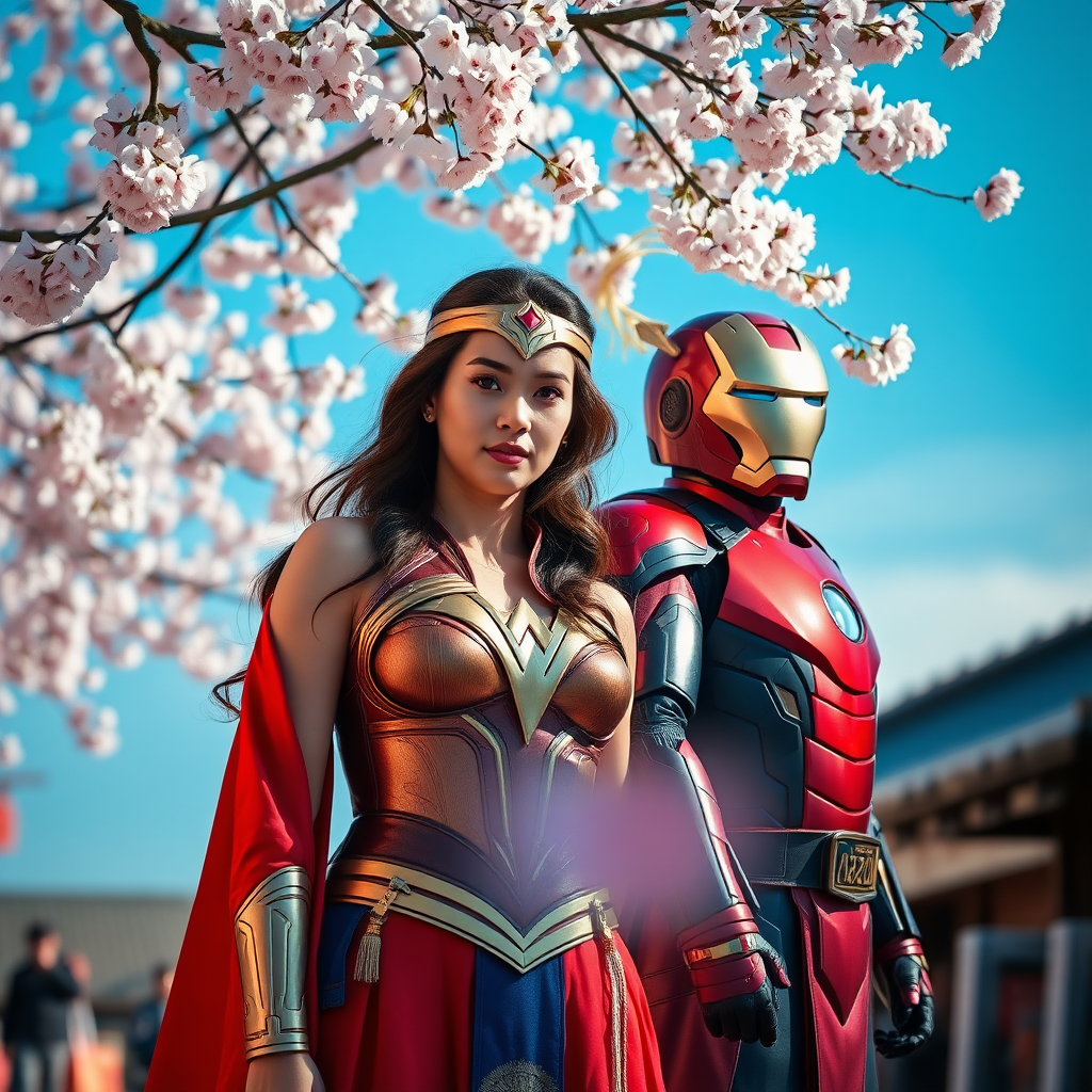 Wonder Woman in Hanfu and Sun Wukong in Iron Man gear are shopping. Cinematic Lighting, available light, stands under cherry blossoms, poses for the camera against a blue sky background, captured in a full body shot with soft lighting and a shallow depth of field. The photo was taken using a Canon EOS R5, with natural light illuminating her skin tone. It is a portrait photograph with a blurred foreground, in the style of a Japanese photographer.