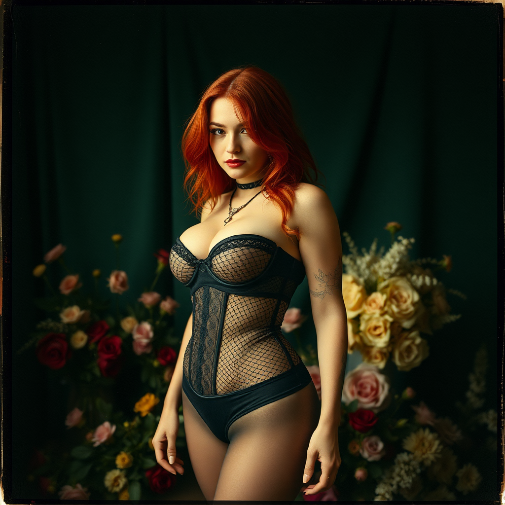 a scan of an old film photo with heavy dark vignetting and color ting and light leak and visible wear and cracking with visible lines from being folded depicting a sexy curvy alt goth girl with red hair wearing a cupless underbust corset and fishnet bra barely covering nipples and black stockings with thong panties standing in a photography studio filled with flowers