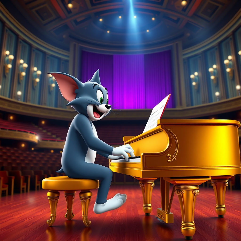 Tom from Tom & Jerry is playing on a golden grand piano in a giant concert hall in real 3d.