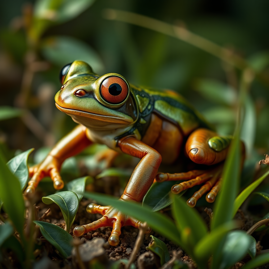 Render a full-length, highly detailed image of a frog transformed into a creature with a horsefly's body structure. The frog should feature a segmented body shape decorated with a shiny exoskeleton instead of traditional skin. Emphasize the vibrant colors and intricate textures of the exoskeleton while retaining distinct amphibian features, like large expressive eyes. The scene should capture it in its natural habitat, emulating the style of award-winning wildlife photography, with sharp contrasts, natural lighting, and exceptional detail, surrounded by lush vegetation that accentuates this unique hybrid creature.