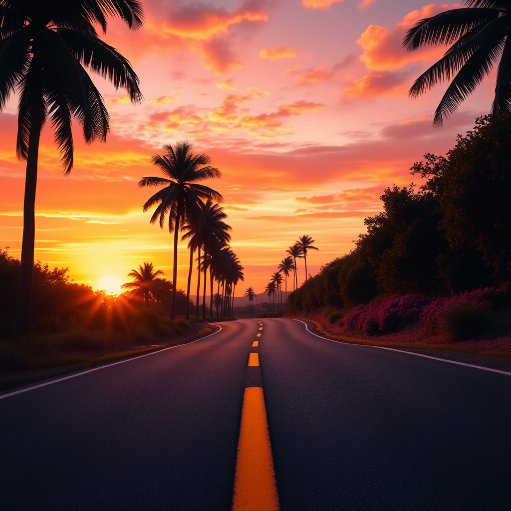 Viral animation nature wallpaper in 4k quality. A serene sunset scene captured from a low angle on a winding road, bordered by tall palm trees. The road features a prominent yellow line that leads the viewer's eye into the distance. The sky is a breathtaking blend of warm oranges, deep purples, and soft pinks, reflecting a tranquil, golden hour ambiance. Soft silhouettes of lush vegetation on either side create a sense of depth, while the fading sunlight casts gentle shadows. The image evokes a peaceful feeling, reminiscent of an impressionist style, with an emphasis on color and atmosphere rather than precise detail. Vibrant yet calming colors create a striking contrast against the darker silhouettes, inviting tranquility and reflection.