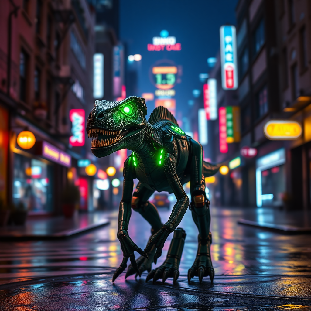 A cyborg velociraptor with glowing green eyes standing in a street. It is night and the street is lit with many neon lights of different colours. The street is wet and the buildings in the background fade off into the distance.