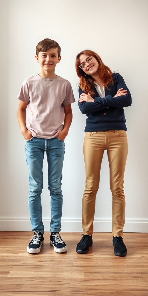 A realistic photo of a 14yo teen boy and girl. British. Long legs. Full length view.