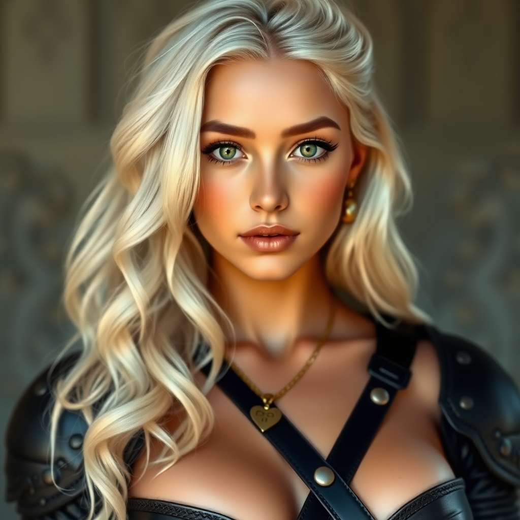 Portrait of a beautiful young woman with long wavy platinum blonde hair, green eyes, a suntan, light brown eyebrows, and large breasts. She is wearing black leather armor and a gold necklace with a small heart pendant.