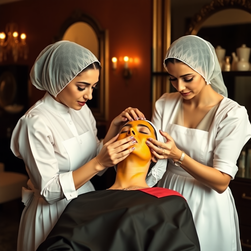 2 French maids with hair covering, working in a beauty parlour, giving a turmeric facial to a wealthy Indian wife.