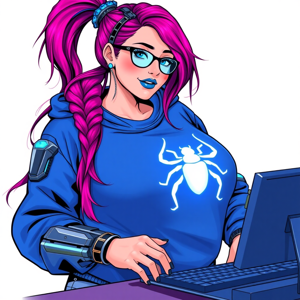 A cyberpunk vigilante’s full-figure intelligent and tech-savvy 28-year-old girlfriend, who is a computer hacker and tech genius. She has a long ruby red ponytail streaked with sky blue. She wears maximum blue lipstick, blue eyes, a sapphire beetle gemstone necklace, sapphire earrings, black eyeglasses, hi-tech metal arm armor, and an oversized maximum blue sweatshirt featuring a neon blue glowing beetle chest icon accentuating her prominent, round, gargantuan midsection. She sports a sapphire headset with a hi-tech maximum turquoise lensed HUD, and a shy smile with a neon red blush. She serves as his tech expert from his hideout, diligently working at her lab table and computer desk. The background is solid white. She is drawn as if she was in a retro 2D cyberpunk fighting game.