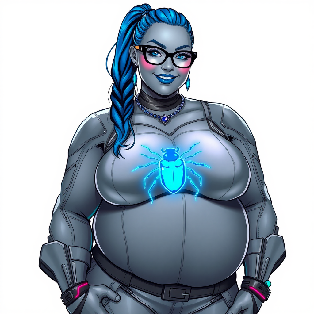 A cyberpunk vigilante’s full-figure middle gray metallic skinned computer program hybrid 28-year-old digital sidekick and loyal girlfriend. She has a long maximum blue ponytail and middle gray metallic skin that blends with her outfit appearing to merge together into computer data. She wears maximum blue lipstick, blue eyes, a sapphire beetle gemstone necklace, sapphire earrings, black eyeglasses, and an oversized, digital, computerized, middle gray bodysuit featuring a neon blue glowing beetle chest icon that accentuates her prominently, round, gargantuan midsection. She sports a beaming smile with a neon red blush. She serves as his minicomputer operating in his hi-tech wristwatch and supercar's onboard computer using her ability to hack into machines and computer to relay vital mission information. The background is solid white. She is drawn as if she was in a retro 2D cyberpunk fighting game. Her midsection is bloated to emphasize her figure. Make the middle gray color tone distinct from any other character.