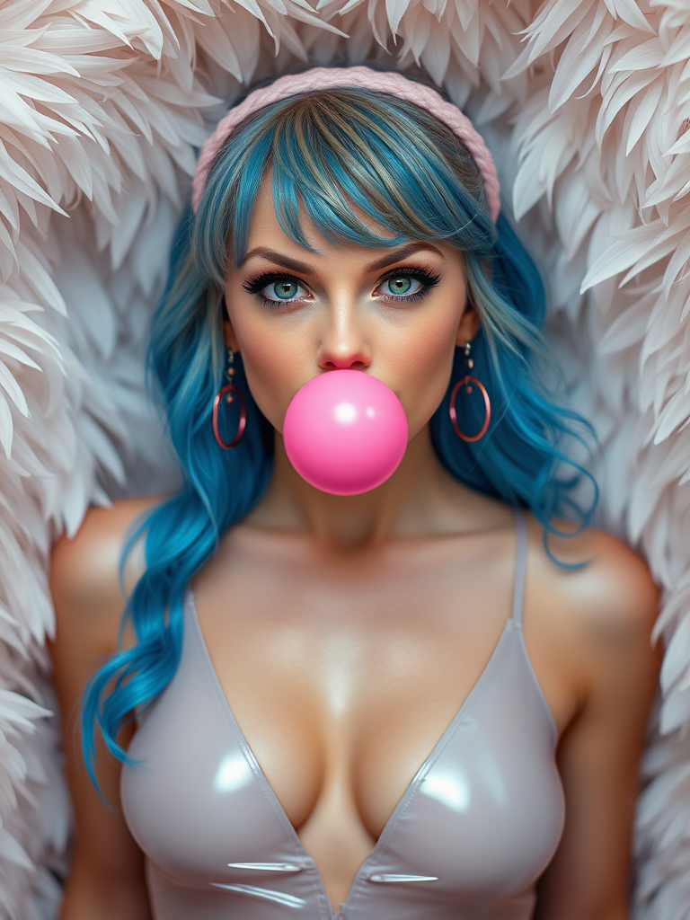 Taylor Swift mixed Victoria's Secrets, inside in a white plumes room, blue hair, green eyes neon, mouth closed with a sarcastic expression of irony little pink gum ball in mouth, using gelatin swimsuit translucent metalic, front posing, full body view, Image 9:16 Resolution HD High Quality