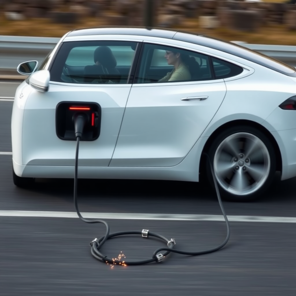 A woman driving a white Tesla with the charging cable still plugged into it because she forgot to unplug it before driving off. The car is in motion, on the road, with the entire charging stall still attached, being dragged behind the car, sparking.