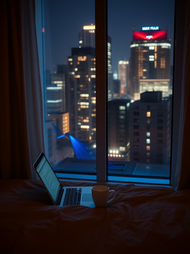 Window, bed, laptop, cup, night, no light, tall buildings, real, reality