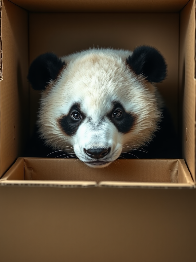 A photo realistic picture of a panda bear with a sad look on his face, peering into an empty cardboard box.