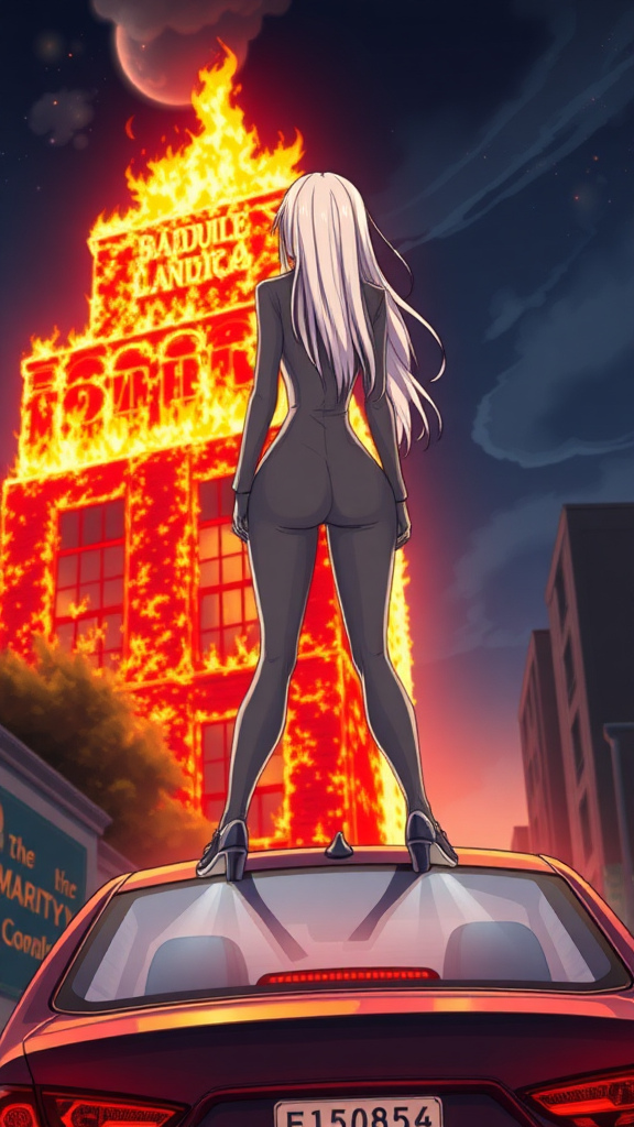 A anime drawing: A close up-cropped view one-piece tight-grey suit baddie-white long blond standing on top, legs split out on top of a car, looking front-facing backside, behind a building completely on fire at night afar