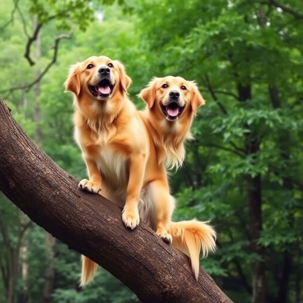 (A golden retriever dog) sitting on a (thick tree branch), with its front paws resting on the edge of the branch and its tail hanging down. The dog has a (joyful, playful expression) on its face as it looks out over the (lush green forest) below.