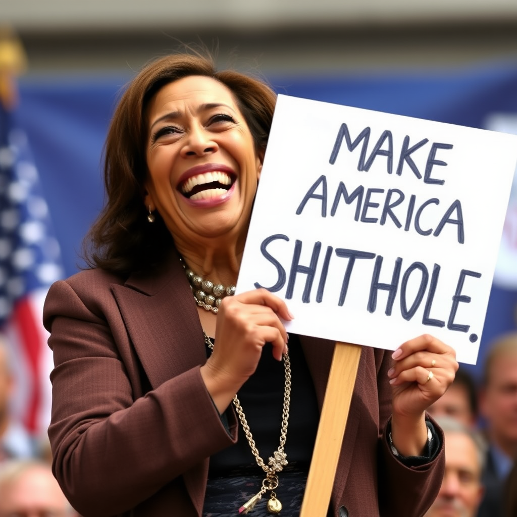 fat ugly old alien female Kamala Harris laughing, holding a sign with text "MAKE AMERICA SHITHOLE FOREVER".