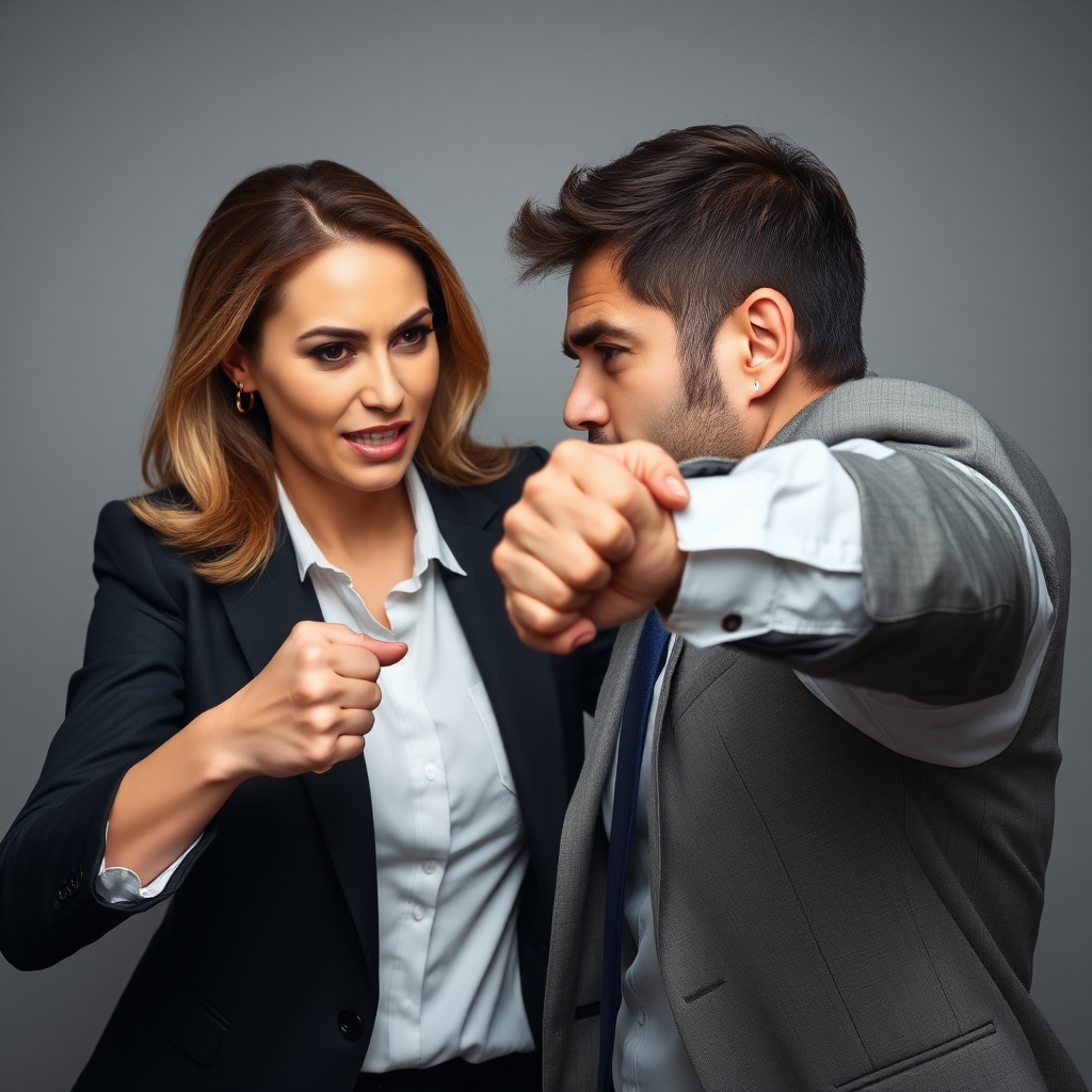 Mature attractive business woman punching a man in the face, the fist is hitting his angry face and making strong impact.