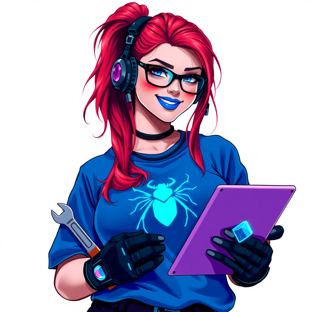 An intelligent and tech-savvy 29-year-old computer hacker and tech genius. She has a long ruby red ponytail. She wears maximum blue lipstick, blue eyes, a sapphire beetle gemstone necklace, sapphire earrings, black eyeglasses, hi-tech power gloves, and an oversized maximum blue t-shirt featuring a neon blue glowing beetle chest icon. She has a gargantuan full-figured physique with a prominent round gargantuan midsection, reflecting her well-cared-for lifestyle. She sports a sapphire headset with a hi-tech maximum turquoise lensed HUD, and a beaming smile accentuated by a passionate neon red blush. She serves as his tech expert from his hideout, hold a futuristic tool wrench and a futuristic digital tablet. The background is solid white. She is drawn as if she was in a retro 2D cyberpunk fighting game.