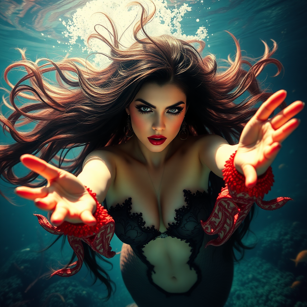 Vampirella as a mermaid underwater amazing loose flowing hair floating in a nimbus around her beautiful face her arms outstretched towards the viewer and she's looking down into the viewer's eyes making intense eye contact. loose fitting diaphanous. Burlesque. Stunning undersea life details plants and fish and other creatures of the sea. Powerful three dimensional graphic effects. 3d stereoscopic photographic techniques.