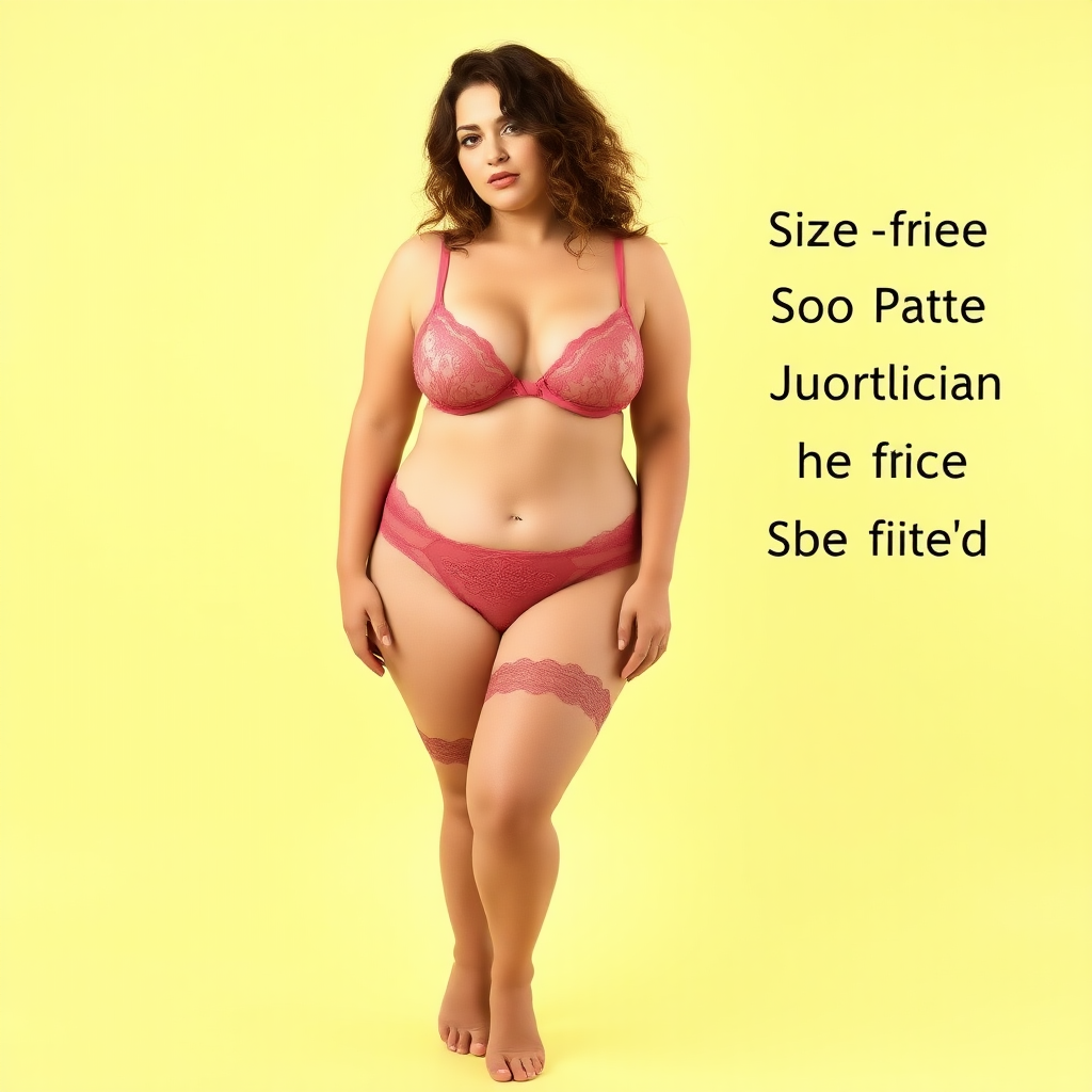 A lingerie advert featuring a plus size model about UK size 16. The model should be shown full height. She is wearing a matching set of lingerie. The image should be on a simple brightly coloured backdrop. Negative Prompt: Text