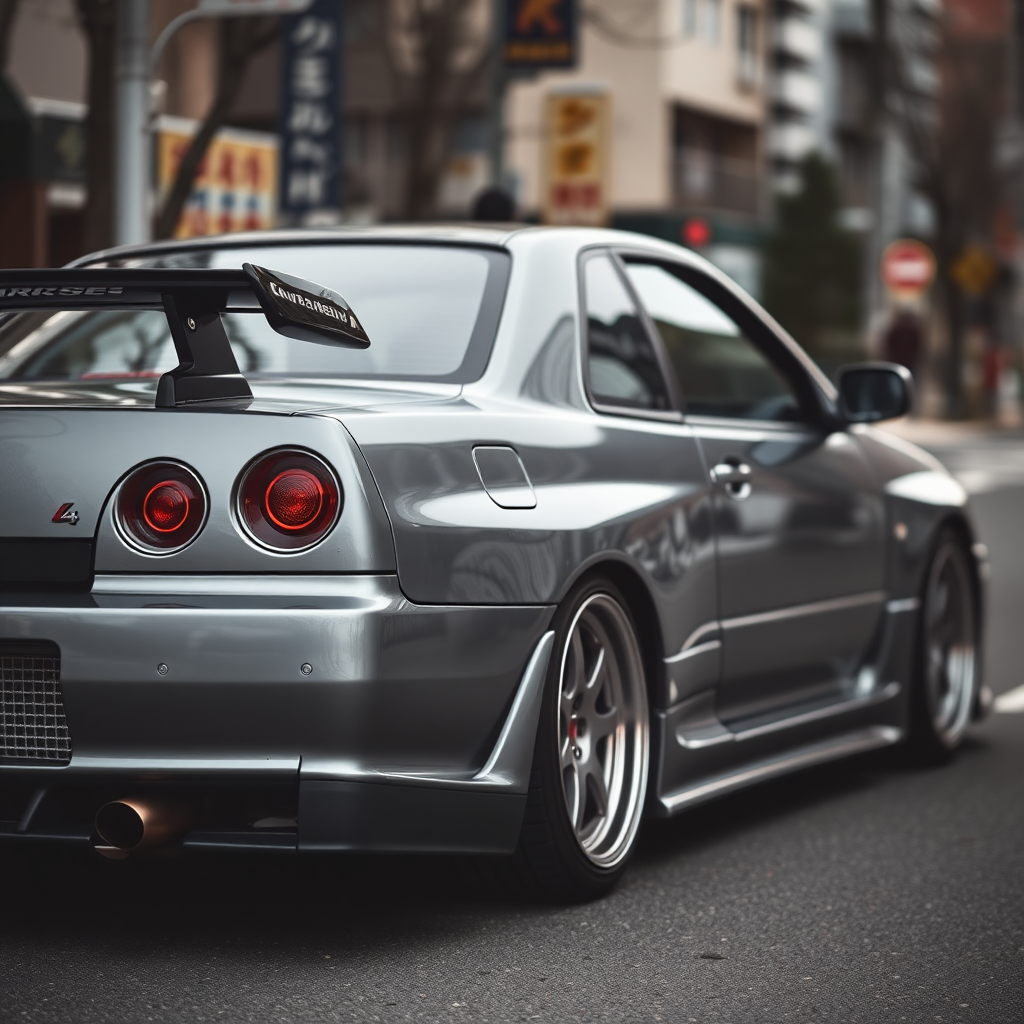 The car is parked on the side of the road, inspired by Taiyō Matsumoto, tumblr, restomod, nd4, c4 metallic shine gray black nissan skyline r34 kalabalik tokyo gece arkaplan en ayrıntılı genel detaylar