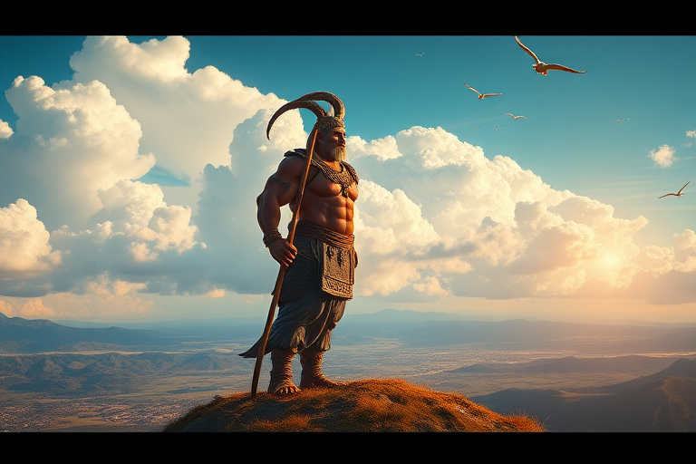 A giant figure of Kuafu standing on a high hill, holding a long staff, gazing at the distant skyline, a flock of small birds flying in the sky, vibrant and colorful landscape, dramatic clouds, detailed features of Kuafu, muscular build, expressive face showing determination, (best quality,4k,8k,highres,masterpiece:1.2),ultra-detailed,(realistic,photorealistic,photo-realistic:1.37),epic fantasy art style, warm color tones, soft sunlight illuminating the scene