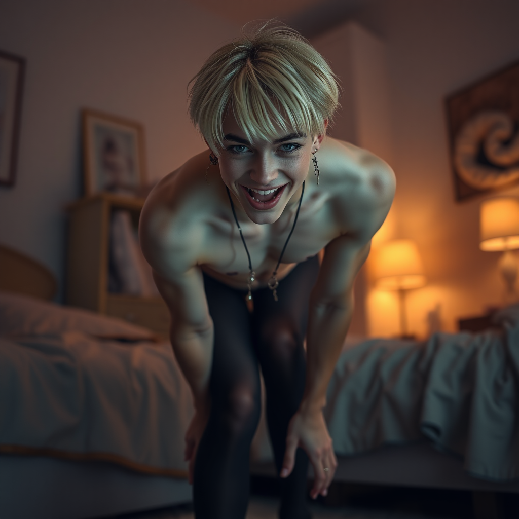 photorealistic, ultra high resolution, 16K, surreal fantasy, studio lighting, a pretty 16 year old goth male, slim male physique, short blonde hair, goth makeup, earrings, pantyhose, white ballet shoes, in the bedroom - he is bending forward, excited smile, facing the camera.