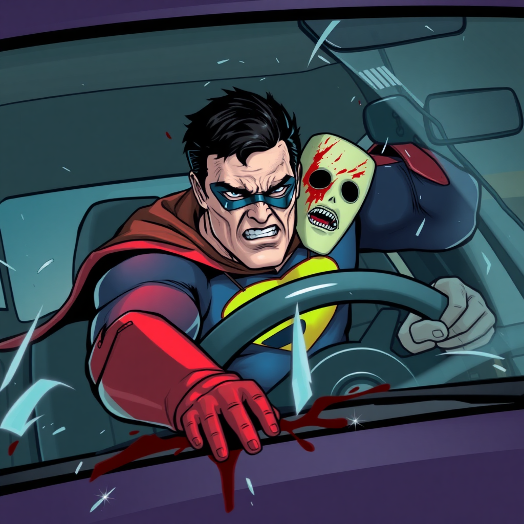 Superhero in car crashing into pole. Super hero with tortured face as impact propels superhero over steering wheel and through windshield of car and out over hood of car. Blood and glass flying. Mask being torn from his face by glass of windshield.