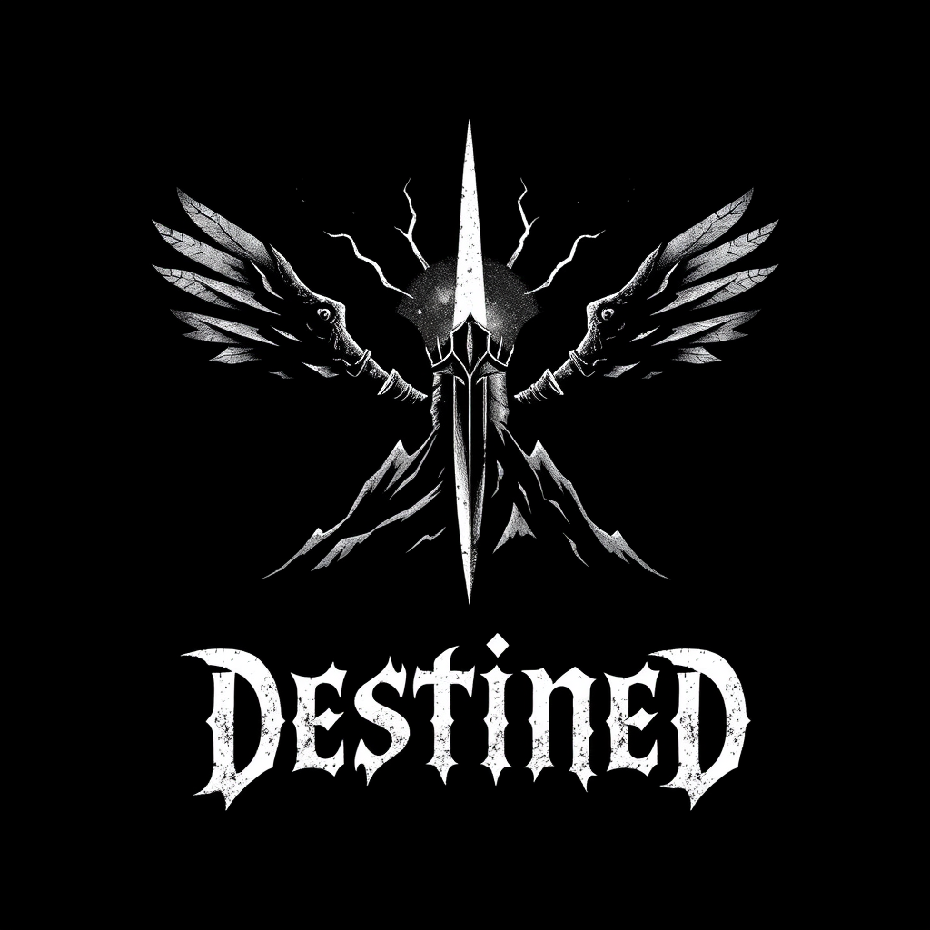 "Destined" with a sharp fort on a black background and with font