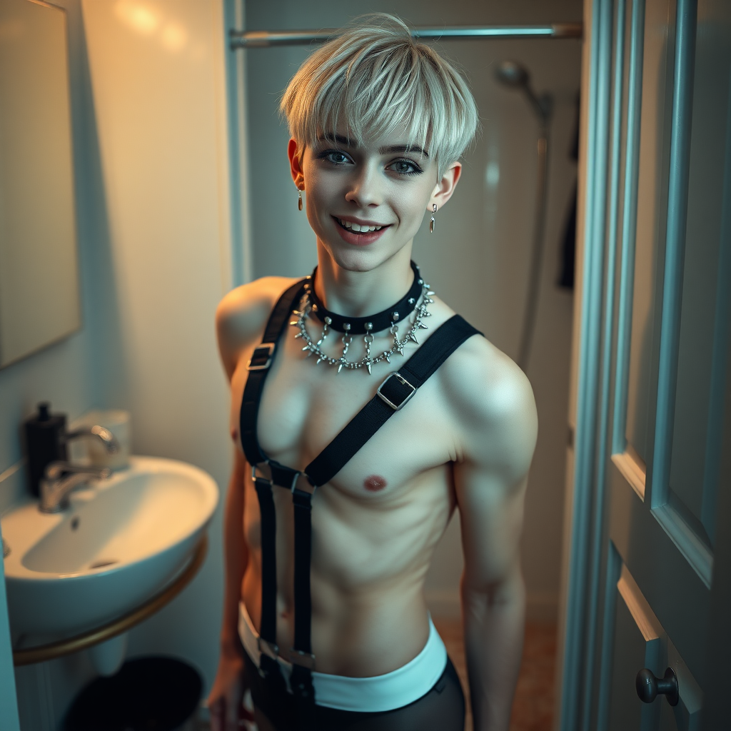 photorealistic, ultra high resolution, 16K, surreal fantasy, studio lighting, a pretty 16 year old goth boy, slim male physique, short blonde hair, goth makeup, earrings, pantyhose, harness, spikey dog collar and leash, trainer-bra, white ballet shoes, in the bathroom, excited smile, facing the camera.