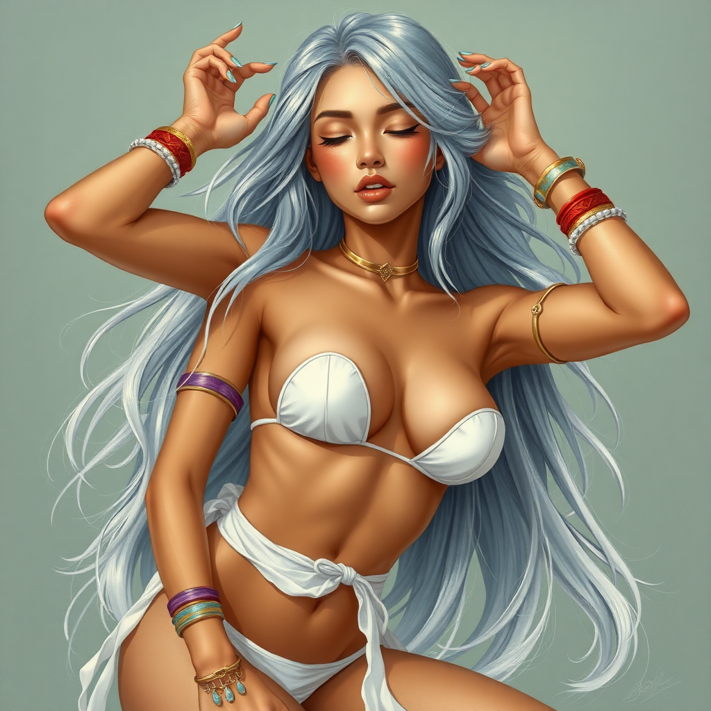 Girl, toned and muscular and has abs. silvery flowing hair. Her fingers and toenails are painted sky-blue. Her attire consists of a white primitive scant revealing two-piece bikini-like outfit with pale red, sky-blue, gold and purple bands on her neck, arms, wrists, shins, and ankles. Tan skin. Asian face. Tilted Sexy exaggerated pose. Hands on head, exposing armpits. fantasy painting high contrast, well-drawn, highly detailed, and beautiful rendering. Eyes closed