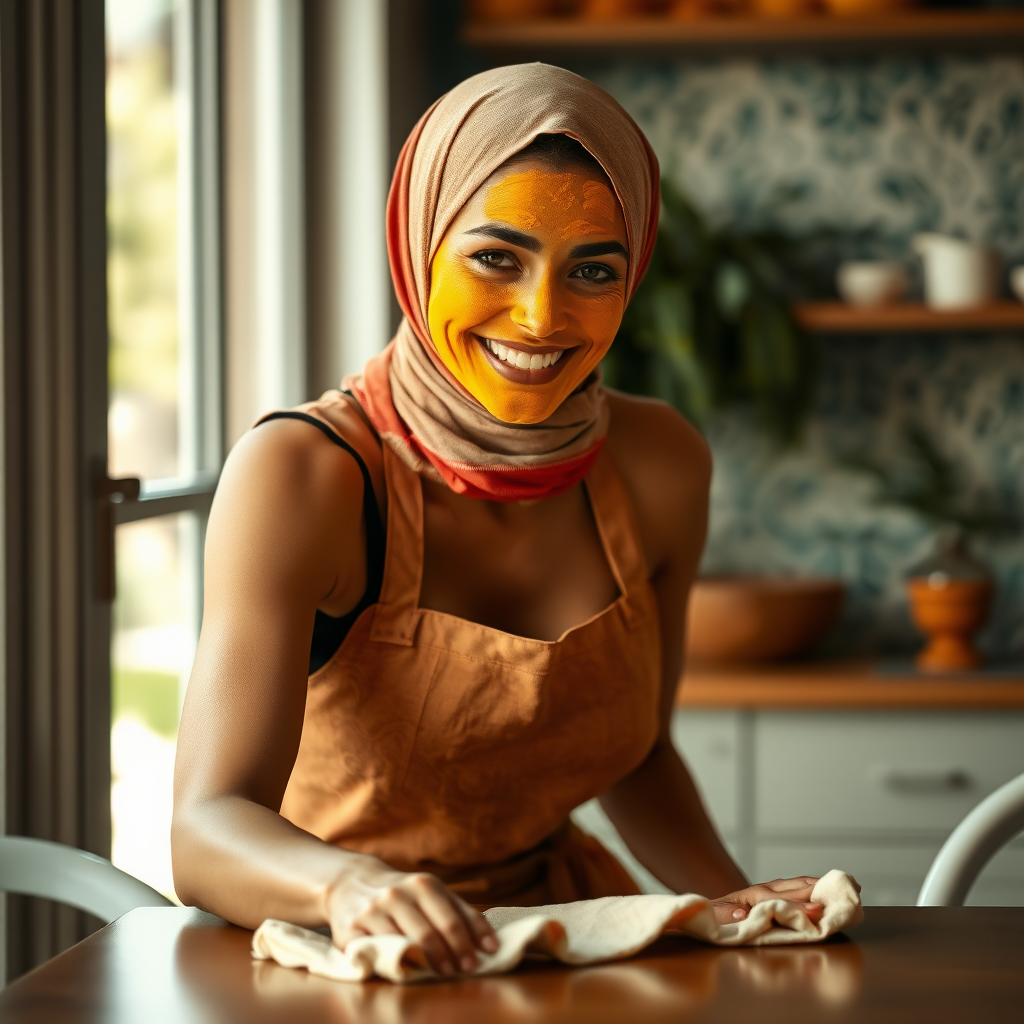 slim, 30 year old, sexy, french maid, short scarf head, turmeric face pack. She is smiling and cleaning a table with a cloth