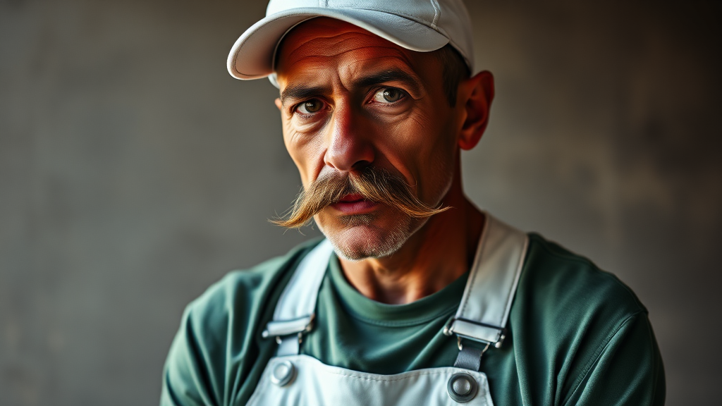 Thin Italian man with large mustache. He wears a white cap and white overalls over a long sleeve green t-shirt.