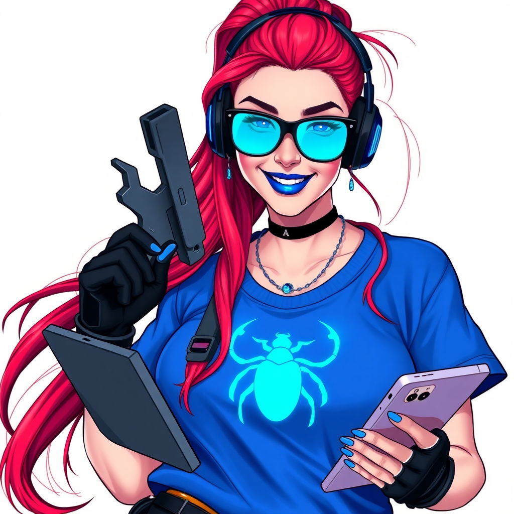 An intelligent and tech-savvy 29-year-old computer hacker and tech genius. She has a long ruby red ponytail. She wears maximum blue lipstick, blue eyes, a sapphire beetle gemstone necklace, sapphire earrings, black eyeglasses, hi-tech power gloves, and an oversized maximum blue t-shirt featuring a neon blue glowing beetle chest icon. She has a gargantuan full-figured physique with a prominent round gargantuan midsection, reflecting her well-cared-for lifestyle. She sports a sapphire headset with a hi-tech maximum turquoise lensed HUD, and a beaming smile accentuated by a passionate neon red blush. She serves as his tech expert from his hideout, holding a futuristic tool wrench and a futuristic digital tablet. The background is solid white. She is drawn as if she was in a retro 2D cyberpunk fighting game.