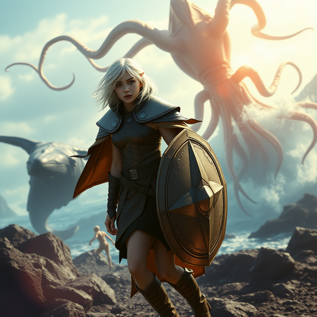 A twenty-something elf girl like (ana de armas). messy shoulder length white hair. wide triangular shoulder pads, flowing cloak, leather armor, shield, skirt, high heel ankle boots. giant squid battling a whale in the background. WLOP style. Photorealistic digital matte painting, highly detailed, film grain, lens flare, chromatic aberration.