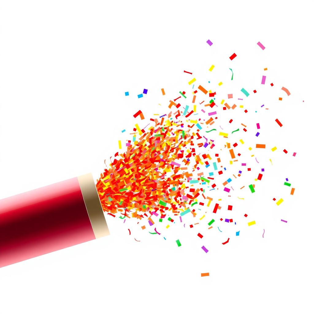 big confetti shooting from a colorful tube into the air, at an angle, white background, realistic, beautiful