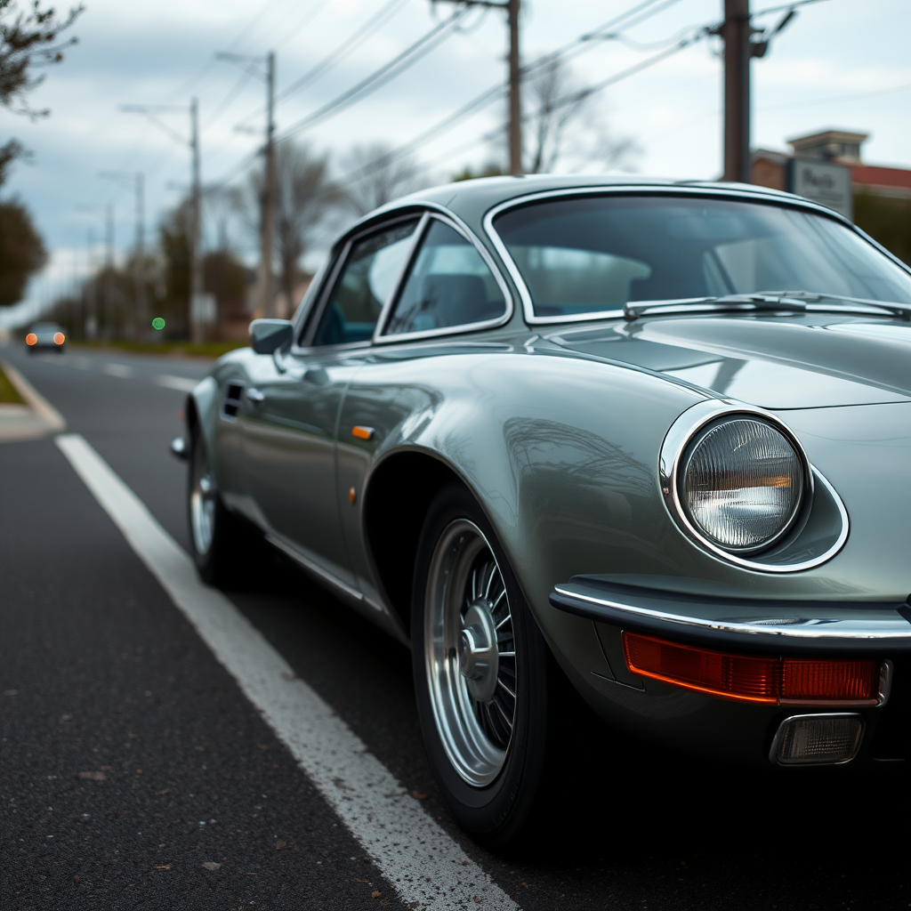 A metallic shine classic car is parked on the side of the road, inspired by Taiyō Matsumoto, tumblr, restomod, nd4, c4.