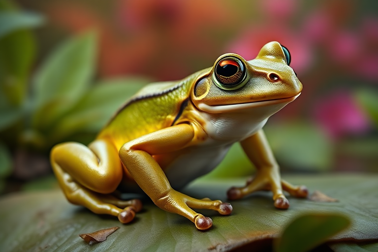 Create a full-length photorealistic image of a frog modeled after the framework and silhouette of a horsefly, ensuring the frog's head remains intact complete with distinct facial features. Retain the frog's smooth skin texture alongside soft, fur-like details representing the horsefly's characteristics. For the background, blend elements from both the frog's natural habitat and the horsefly's environment, incorporating lush greenery and vibrant colors to evoke the essence of each creature. The scene should harmonize these diverse attributes, showcasing a unique fusion of the two animals.