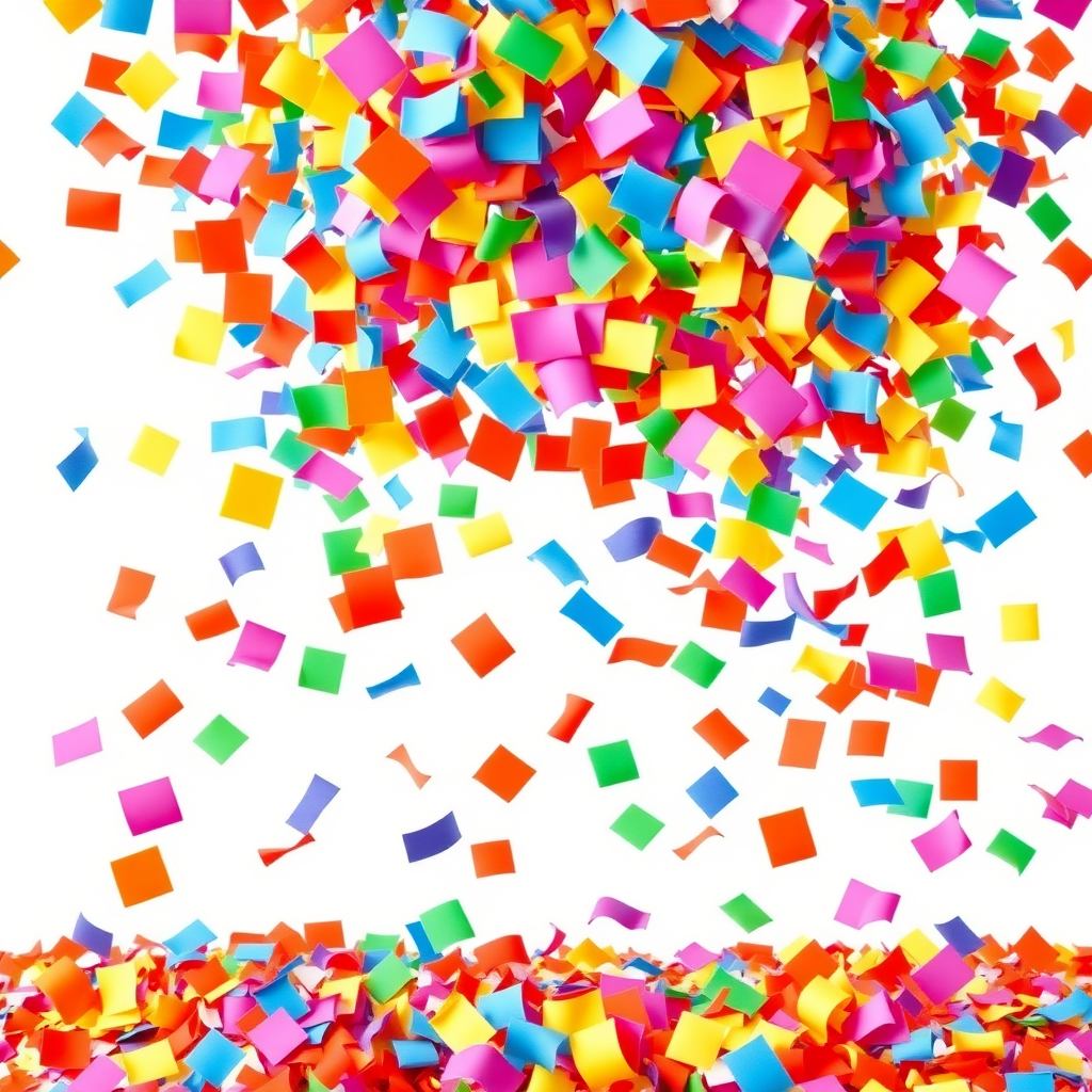 A high-resolution, vibrant image of lots of big, colorful confetti pieces falling in the air, plain white background, clean, professional look, stock photo