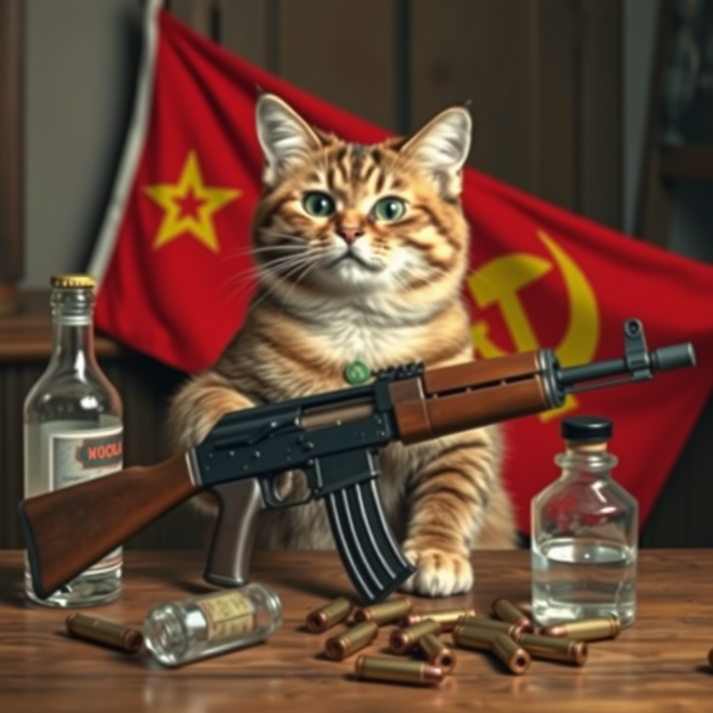 Soviet communist cat with an AK-47 and vodka and a Soviet flag behind a table with bullet casings on it.