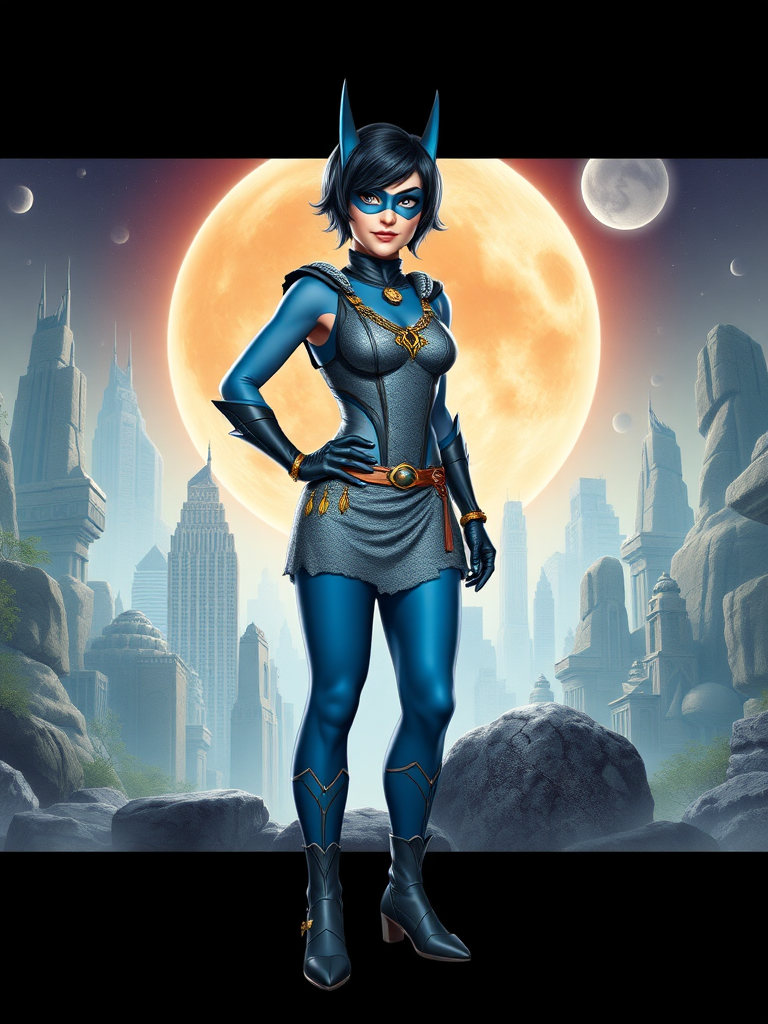 Detailed full-length rendered image of Nightwing character using the female figure, build, and proportions of Wilma Flintstone. Preserve Nightwing's head, hairstyle and facial features intact. Incorporate elements from Wilma Flintstone's costume including her iconic stone dress, jewelry, and foot coverings. Modify Nightwing's costume to complement the new body shape and size, adding decorative accents and patterns reminiscent of the Flintstones era. Create a dynamic background blending sci-fi cityscapes with prehistoric stone and foliage, capturing the fusion of the two distinct aesthetics.