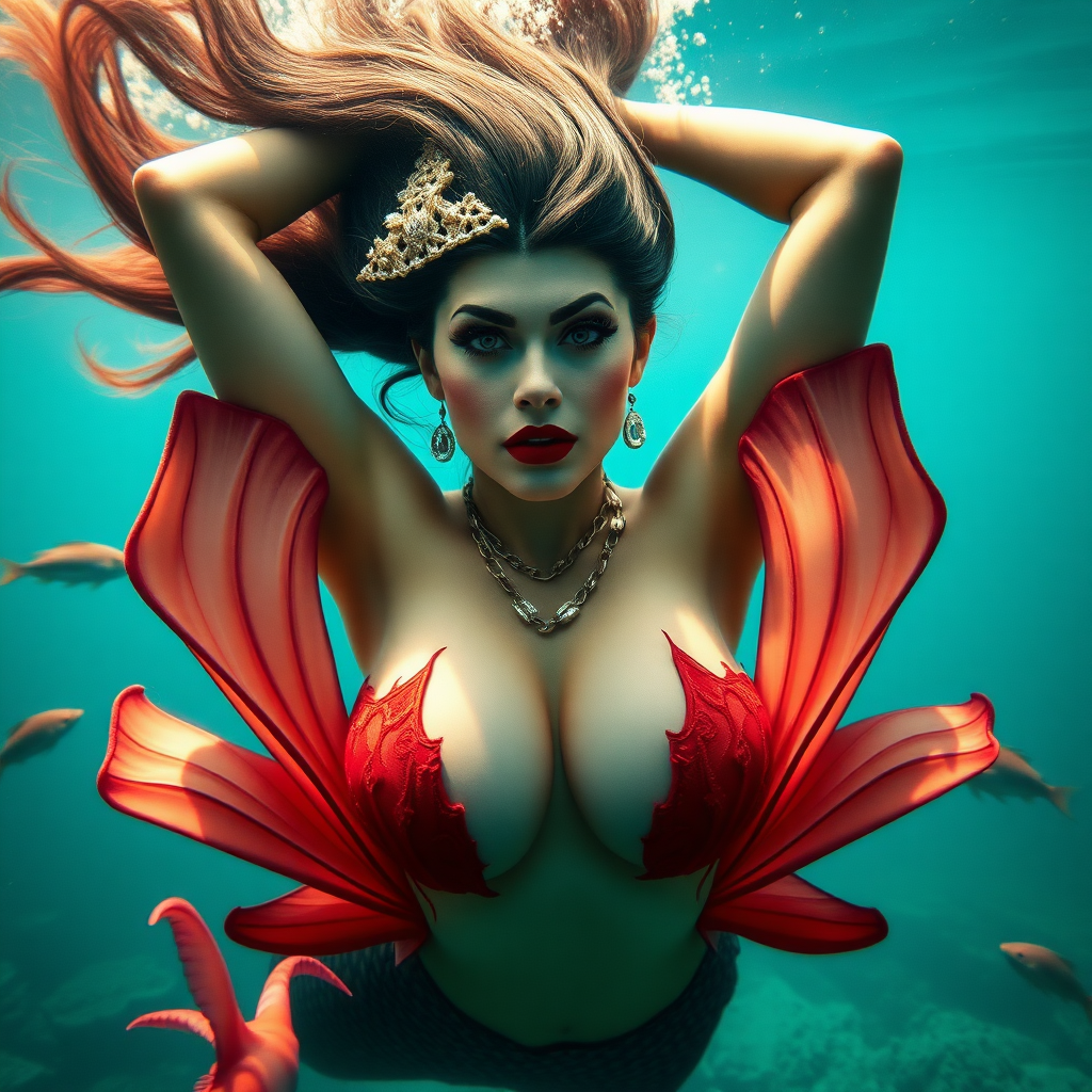 Vampirella as a mermaid, her 500% huge teardrop shaped décolletage spilling out of her loose sea shells as she swims underwater directly towards the viewer. She maintains intense eye contact. Her long hair floats like a nimbus cloud. Her arms are raised high, floating over her head. She is deep under the sea surrounded by aquatic life. It is a highly detailed DSLR Photograph.