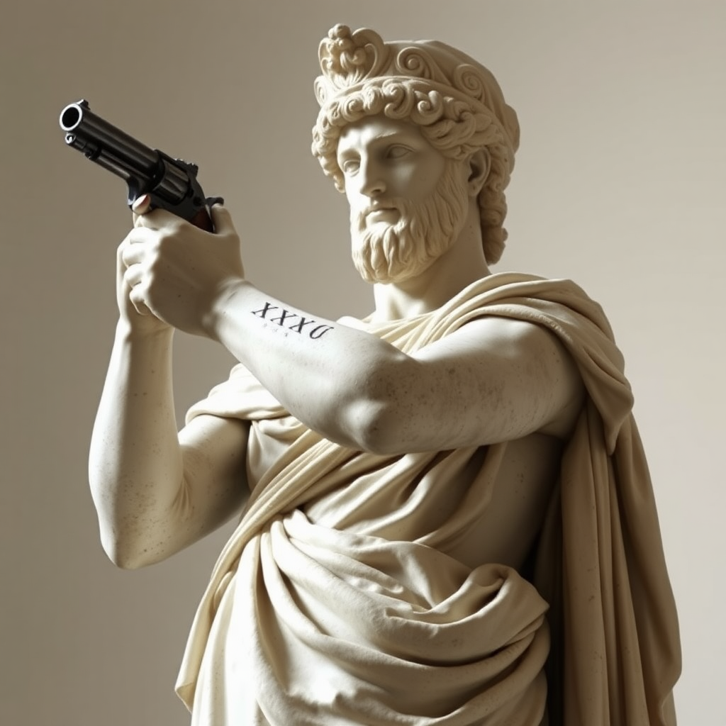 Art. Roman statue with a pistol posing.