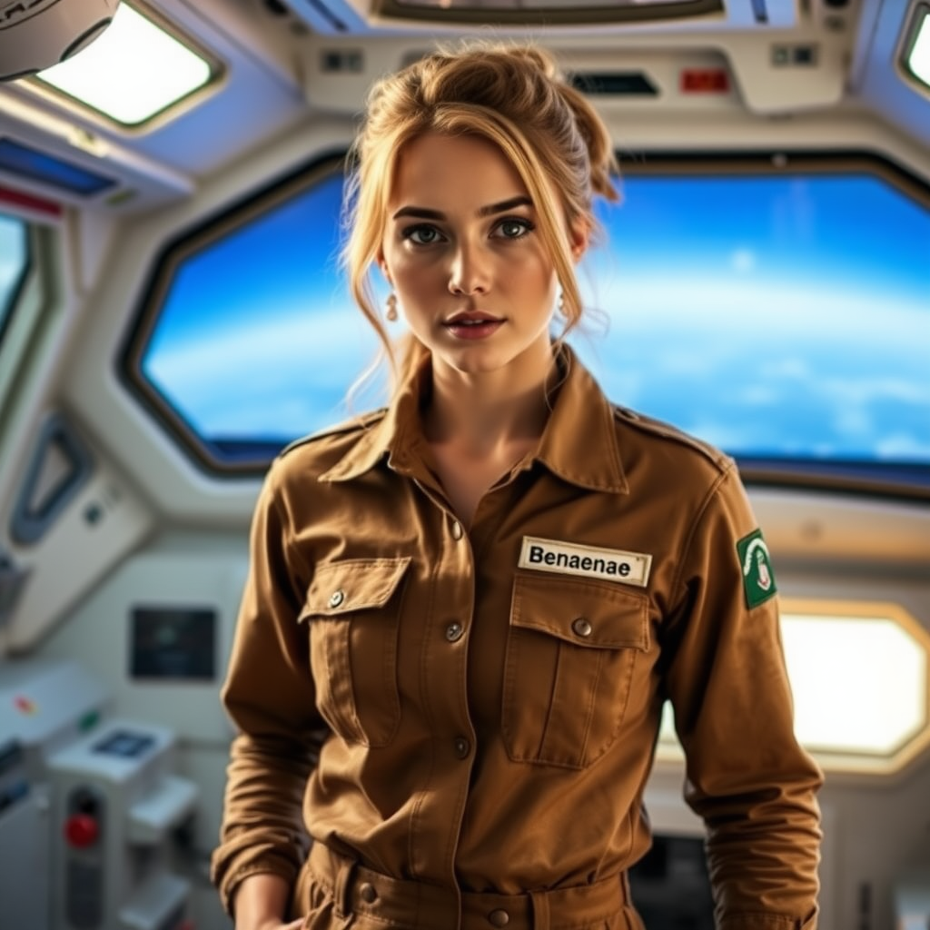 A twenty something female like Ana de Armas, athletic, medium length wild strawberry blond hair, in a brown jumpsuit, inside a spaceship brig, wearing a military uniform name tag sewn on her left chest pocket that says "Benaenae."