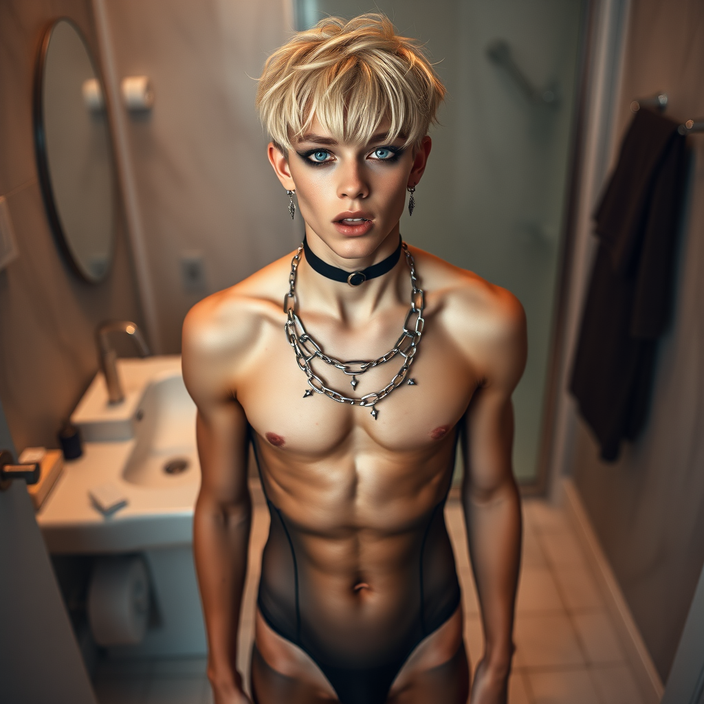 photorealistic, ultra high resolution, 16K, surreal fantasy, soft studio lighting, Caleb Swift is a pretty 16 year old goth male, slim male physique, blonde hair, blue eyes, goth makeup, earrings, black pantyhose body suit, spiky neck collar with chain, standing on the floor of the bathroom, excited mouth, bulging crotch, full body front view of Caleb facing the camera.