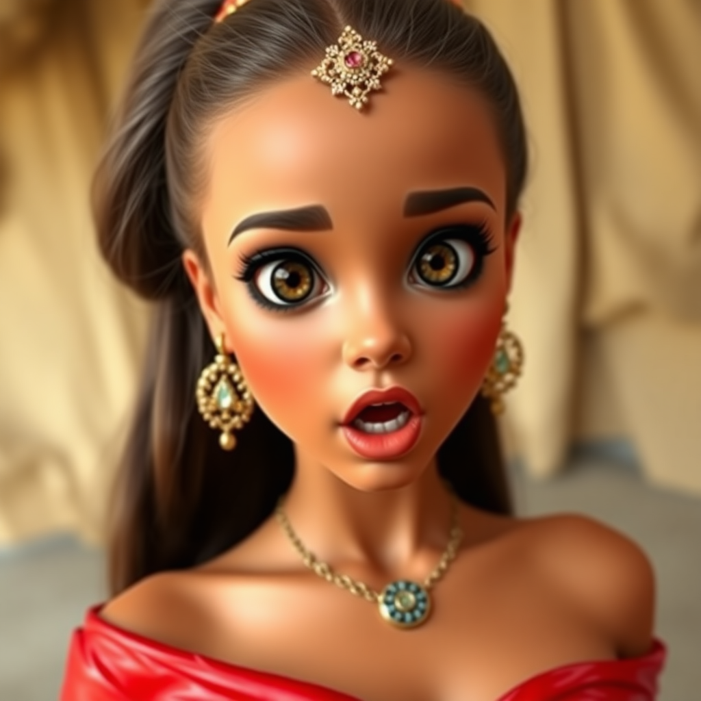 surprised Arabian girl with mouth open. She has very large eyes, black eyeshadow, black eyeliner, fake eyelashes, very tanned skin, very long hair. very high ponytail, princess jasmine, red off shoulder shinny crop top. photo realistic