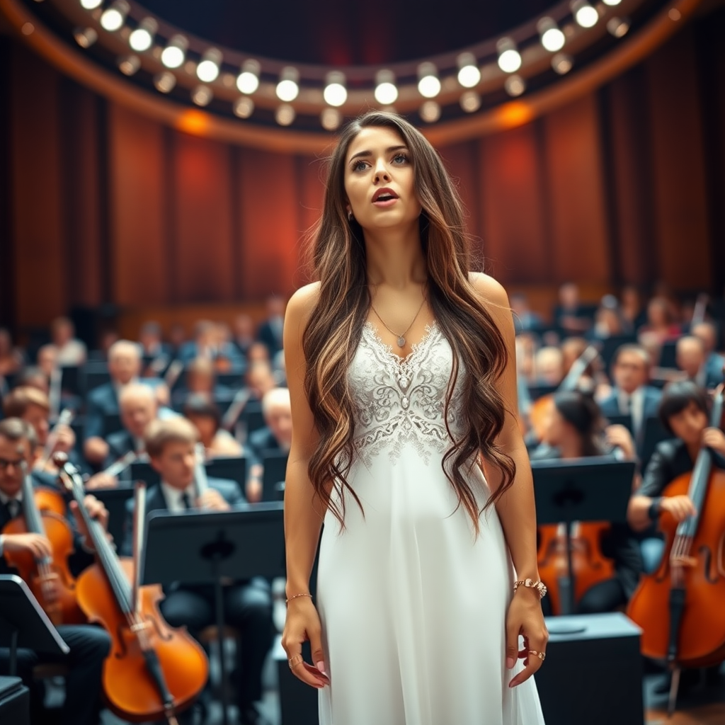 A young woman singing loud and emotional. A large orchestra in the background. She stands in the middle of the stage. Long brunette hair with highlights falling to her shoulders, bright blue eyes. Suntanned skin. Small lips colored pale rose. Wearing an elegant long white dress with transparent lace and white pumps. Fine necklace and a bracelet. Photo from some distance.