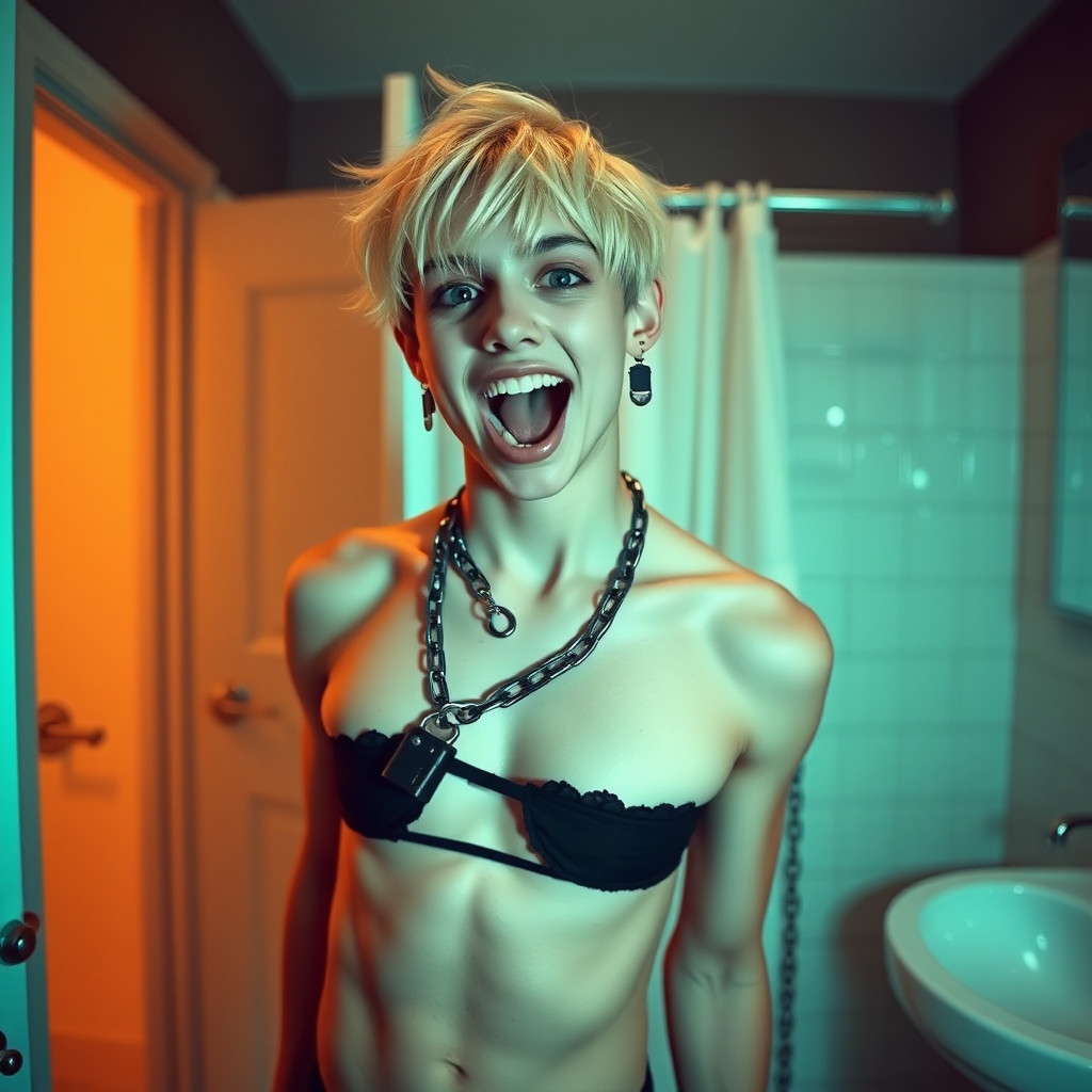 photorealistic, ultra high resolution, 16K, surreal fantasy, studio lighting, a pretty 16 year old goth boy, slim male physique, short blonde hair, goth makeup, earrings, spiky chain and leash, handcuffs, trainer-bra, pantyhose, white ballet shoes, in the bathroom, excited open mouth smile, facing the camera,