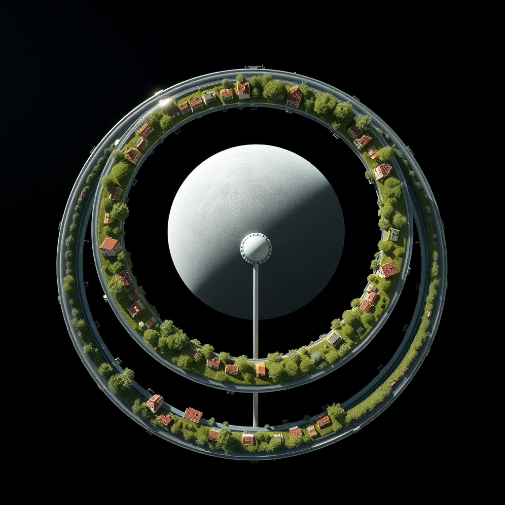 Three space stations parallel to each other, each with 5 glass doughnut rings stacked on a metal rod in the center, are orbiting a grey planet at a distance. Each ring contains neighborhoods of houses and is full of plants, trees, bushes, flowers, and grass.