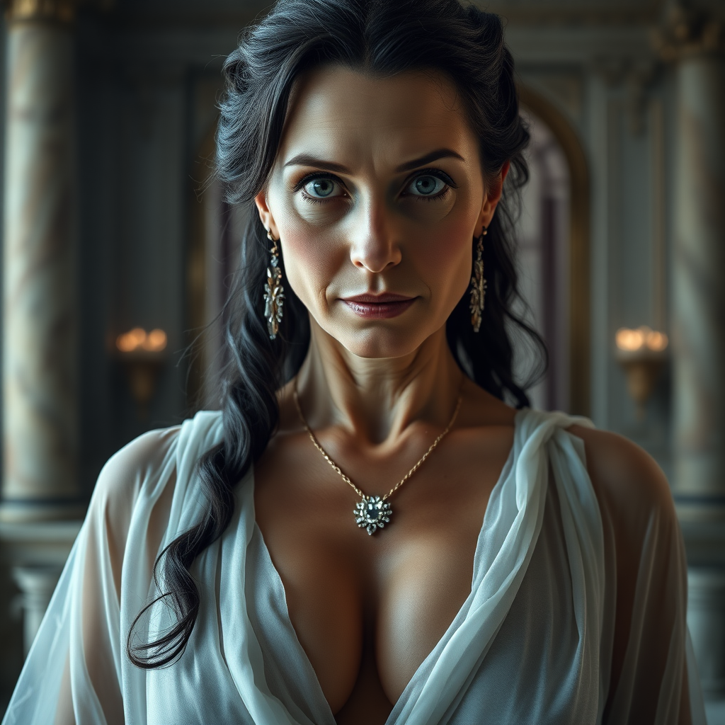 The female queen, aged 40, possesses pale skin, striking grey eyes, and elegantly black Grecian hair. Her visage features smooth wrinkles, suggesting a mature yet alluring beauty. Her eyes exude a sensual aura, and her lips are slightly parted, inviting curiosity. Dressed in a translucent, thin layer, white, very low-cut sheer Roman garment, she flaunts a voluptuous huge breast with pronounced areola and nipple clearly visible beneath the fabric. Adorned with sparkling earrings and a necklace, her figure is reminiscent of a MILF, exuding a captivating appeal. The grandeur of her surroundings is a majestic castle, illuminated by the dramatic, cinematic lighting of a movie set. Each element is captured with ultra-detailed 8k photography, emphasizing the opulence and intensity of the scene. This is mature content.